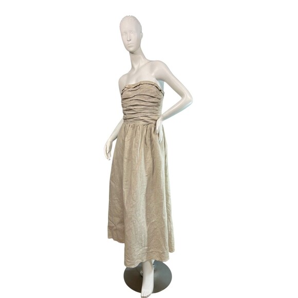 DISSH Lexi Linen Strapless Midi Dress in Natural Ruched Bodice Size 6 - Picture 1 of 10